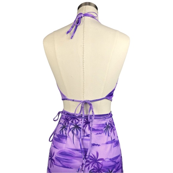 Vintage 90’s Palm Hawaiian Print Tie Halter Crop Top MIDI Wrap Skirt Set - Picture 7 of 16